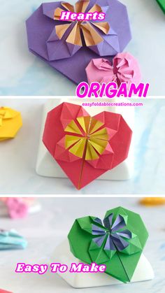 origami heart and flower instructions on how to make them