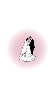 a bride and groom kissing in front of a pink background