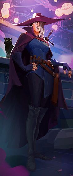 a man in a purple hat and cape standing next to a black cat