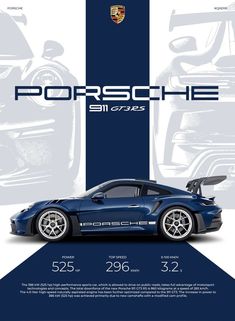 the porsche poster is shown in blue and white