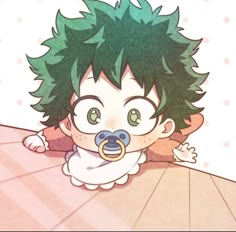 an anime character with green hair sitting at a table and looking over his shoulder to the side