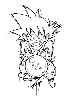 a black and white drawing of gohan holding a ball