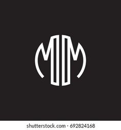 the letter m in a circle with an arrow inside it on a black and white background