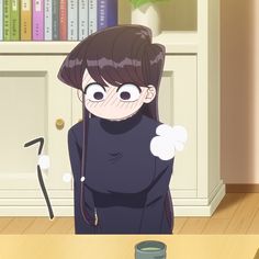 a woman with long black hair standing in front of a book shelf next to a cup