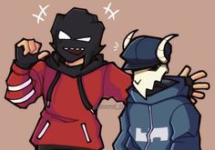 two cartoon characters one wearing a mask and the other in a hoodie with horns