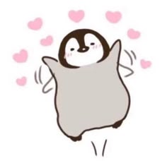 a cartoon penguin is in the air with hearts floating around it's head and arms