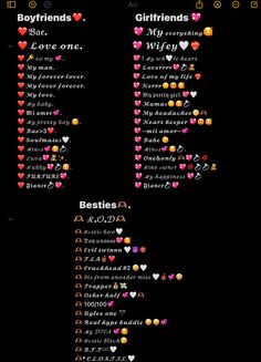 the words are all in different colors and sizes on a black background, with hearts around them