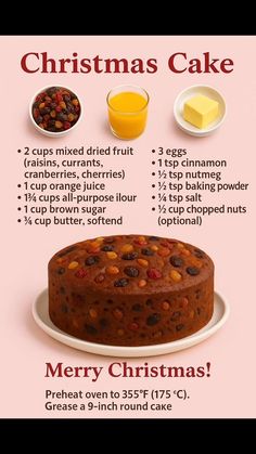 a christmas cake is shown on a plate with the ingredients to make it look like it has
