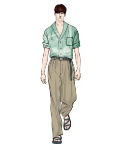 a man in green shirt and brown pants walking down the runway with his hand on his hip