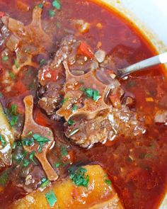 a white bowl filled with meat and vegetables in tomato sauce, garnished with parsley