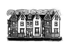 some houses are drawn in black and white with the sky above them, as well as clouds