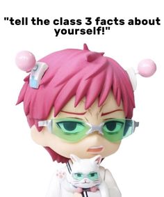 an anime character with pink hair and glasses holding a white cat in her arms, text reads tell the class 3 fact about yourself