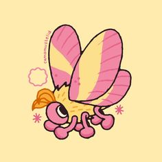 a drawing of a pink bird with yellow wings