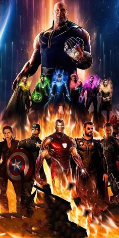 an image of the avengers movie poster with many different superheros in front of them