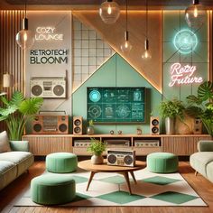 a living room filled with lots of green furniture and decor on top of wooden flooring