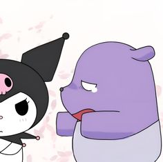 two cartoon characters standing next to each other on a white background with pink and purple spots