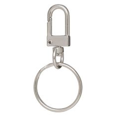 a metal keychain with a ring on the front and side of it's end