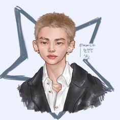 a drawing of a person wearing a black jacket and white shirt with a star in the background