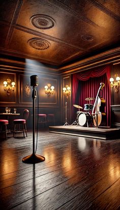 an empty stage with a microphone, drum set and stools in the background on a wooden floor