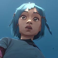 an animated woman with blue hair and piercings on her ears looking up at the sky