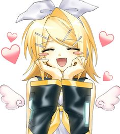 an anime character with blonde hair and wings on her head, holding her hands to her face