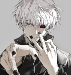 an anime character with white hair and red eyes holding his finger up to his mouth
