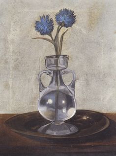a painting of blue flowers in a glass vase on a table with the caption'mi trovo qui coccogno, italia '