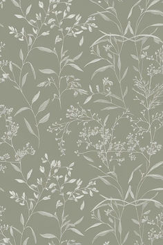 an image of a wallpaper with flowers and leaves in grey tones on a light green background