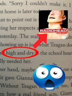 an open book with the words radiohead on it and a cartoon face in red