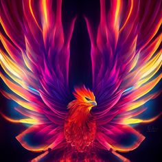 a colorful bird with wings spread out in front of a black background and blue sky