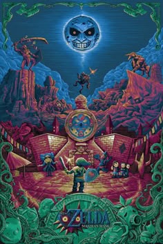 the legend of zelda poster is shown in blue and green colors, with an image of