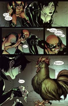 a comic strip with an image of a woman and a chicken