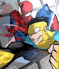 spider - man and the amazing spider - man are flying through the air with their hands in each other's pockets