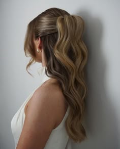Bridesmaid Hair Inspo Half Up, Sleek Bridesmaid Hair Half Up Half Down, Slick Back Half Up Half Down Hair Prom, Half Up Half Down Ball Hair, Half Up Half Down Wedding Hair Slick, Wedding Hair Half Up Half Down Slick Back, Half Up Half Down Bridesmaid Hair With Curtain Bangs, Ball Hair Half Up Half Down, Prom Hair 2025 Half Up