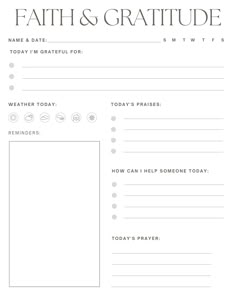 the printable daily planner for faith and gratitude is shown in white