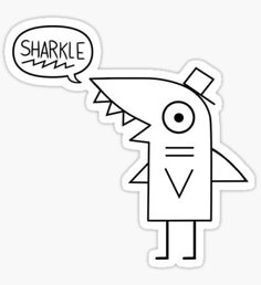 a black and white drawing of a shark with a speech bubble above it's head