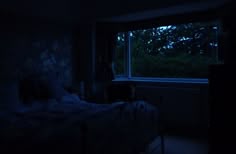 a dark room with a bed, window and night time scene outside the bedroom door