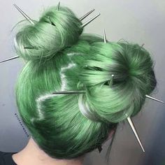 Basil Green Hair, Pale Green Hair, Alien Hairstyle, Green Hair Bun, Alien Hair, Green Spiky Hair, Pravana Green Hair, Green Hair Dye Manic Panic, Alien Halloween