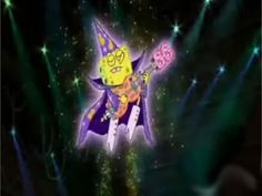 the cartoon character is dressed in purple and holding a pink object with stars on it