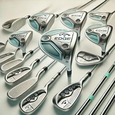 several different types of golf clubs lined up on a table