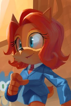 a cartoon cat with red hair and blue suit