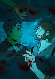 two men are talking to each other in front of blood on the ground and water