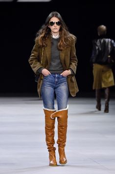Here’s What Happened At The Celine Autumn Winter 2019 Show In Paris+#refinery29uk Celine Boots Outfit, Celine Winter Boots, Celine Knee High Boots, Celine Duck Boots, Celine Western Boots, Celine Bootcut Jeans, Celine Tall Boots, Celine Fw20, Celine Fall 2013