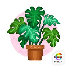 a pixelated potted plant with green leaves