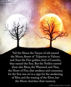 two trees in front of a full moon with the words,'all the sheers of