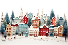 a christmas scene with people skiing in the snow and houses on the hill behind them