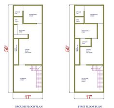 the floor plan for a two story house with stairs and first floor plans on each side