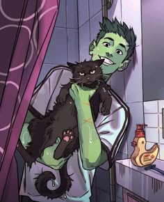 a man holding a black cat in his arms while standing next to a bathroom sink