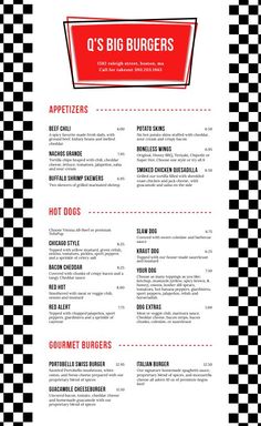 a black and white checkerboard menu with red lettering on it, including the words'o's big burgers '