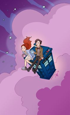 two people sitting on top of a tardish in the sky with stars above them